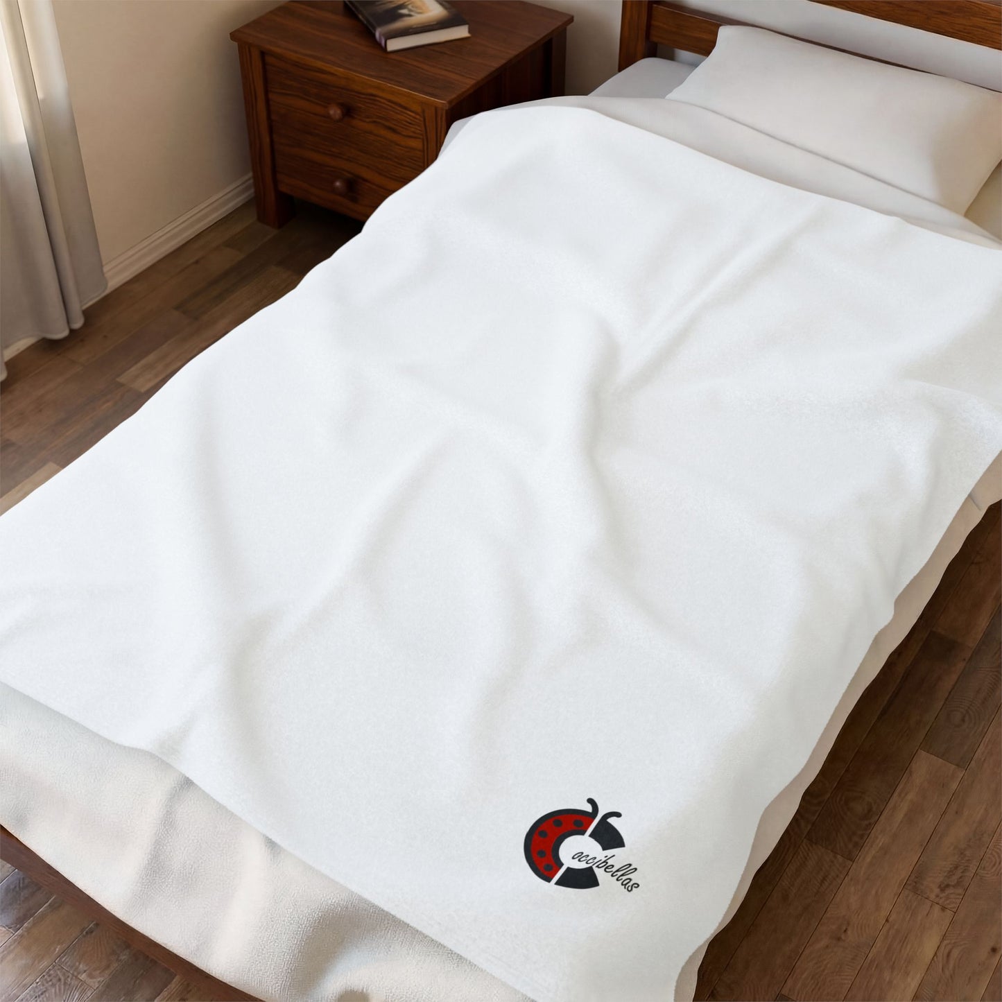 Velveteen Plush Blanket — Cozy White Throw with Small Ladybug Accent