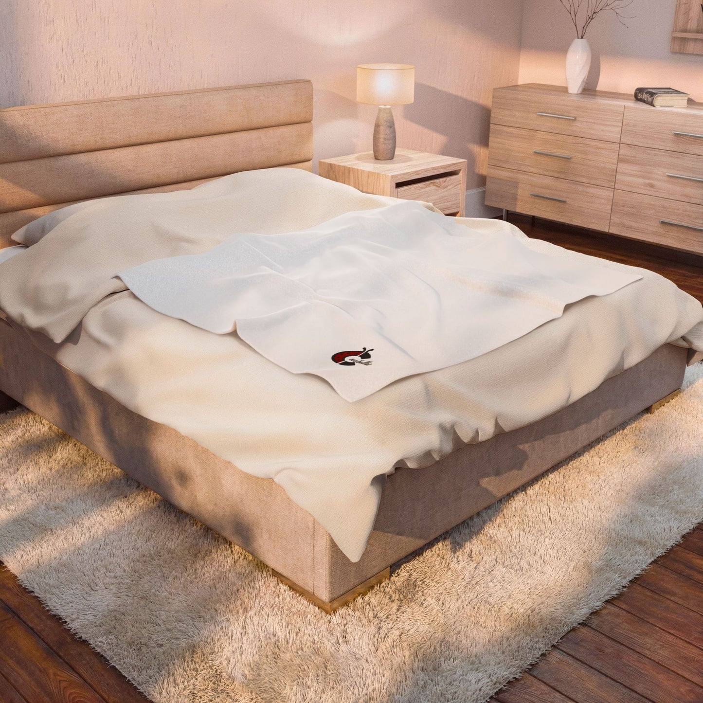 Velveteen Plush Blanket — Cozy White Throw with Small Ladybug Accent