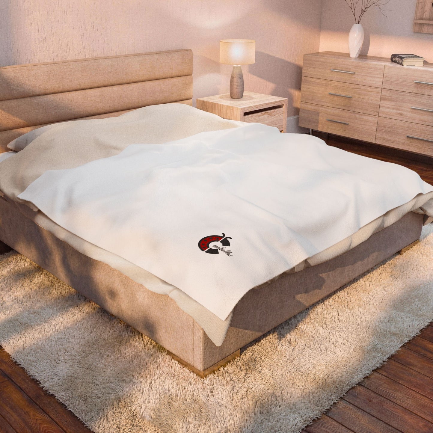 Velveteen Plush Blanket — Cozy White Throw with Small Ladybug Accent