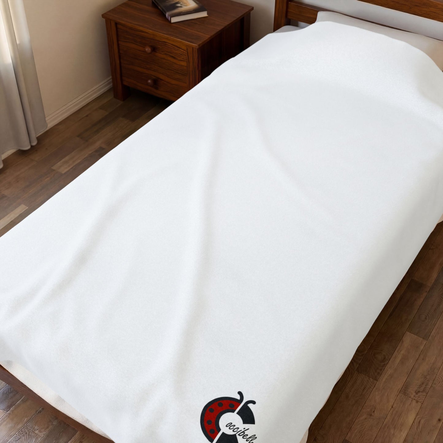 Velveteen Plush Blanket — Cozy White Throw with Small Ladybug Accent