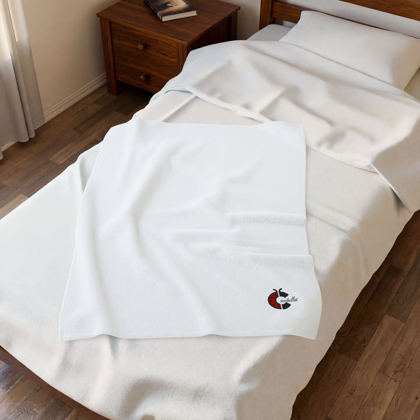 Velveteen Plush Blanket — Cozy White Throw with Small Ladybug Accent